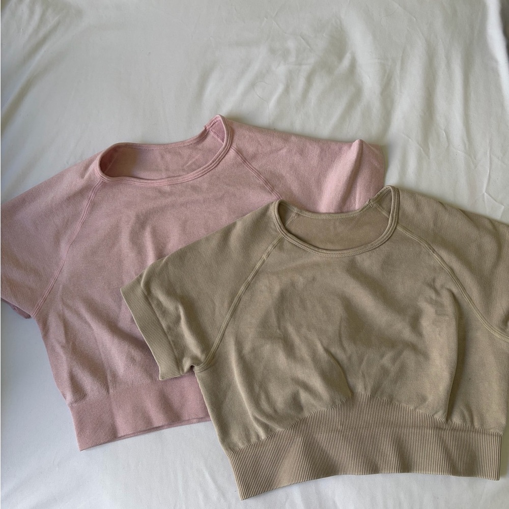 Pink and Tan Cropped workout shirts
